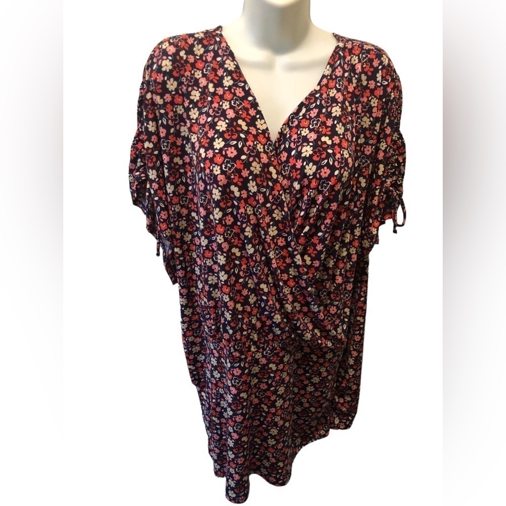Lane Bryant Faux Wrap Knit Top Blouse Sz. 30/32 Navy Pink Red Floral Tied SS
